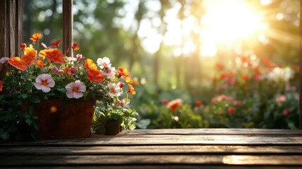 Fototapeta premium A vibrant display of colorful flower pots amidst a lush garden setting, illuminated by sunlight, creating an atmosphere filled with joy, beauty, and nature's essence.