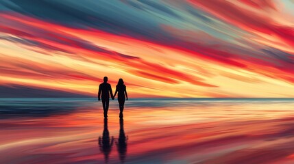 Romantic couple walking hand in hand on a serene beach during a stunning sunset with colorful sky reflections on water
