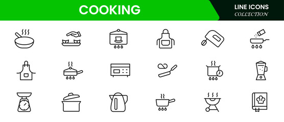 Cooking Icons vector illustration with thin line contains recipe, chef, ingredients, pan, oven, utensils, olive oil, cook, barbecue, eat, restaurant, flour, milk, butter, pour, pot