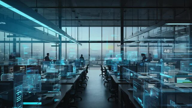 Timelapse of a modern office workspace with employees working around computers and digital technology in an open-plan setting