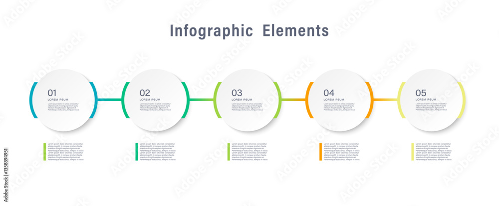 Poster process chart with 5 connected white circles placed in horizontal row. concept of 5 stages of startu