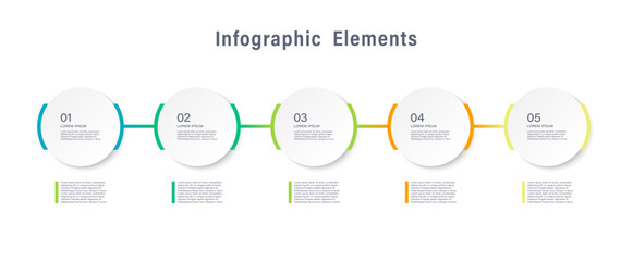 Process chart with 5 connected white circles placed in horizontal row. Concept of 5 stages of startup development. Modern infographic design template.