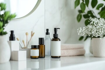 A serene bathroom countertop featuring various skincare products, soft towels, and greenery for a calming aesthetic.
