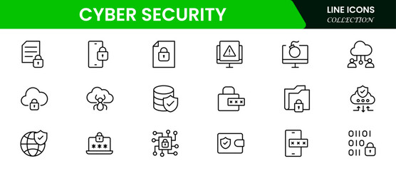 Cyber security icon set with information, technology, data network, malware, virus, unauthorized access and protected.