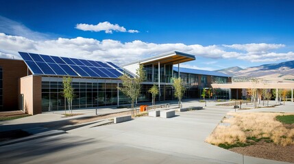 A sleek, energy-efficient American school exterior with solar panels on the roof, large glass windows, and shaded walkways, offering a modern, eco-friendly design 