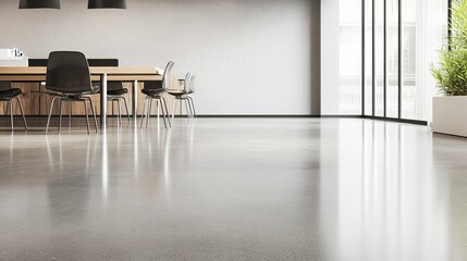 Fototapeta premium A sleek office interior with a polished concrete floor, its soft gloss adding depth to the minimalist aesthetic, while faint reflections enhance the clean design. 