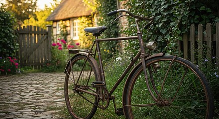 Fototapeta premium Rustic bicycle by a charming cottage surrounded by nature
