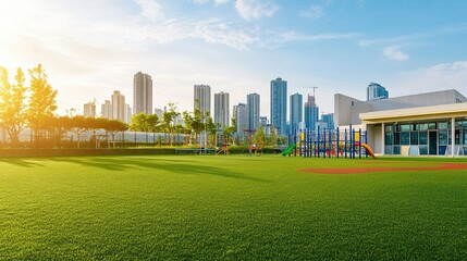 Obraz premium A sleek urban school facility with a contemporary design, featuring a green sports field and colorful playground equipment, with a blurred city skyline in the background. 
