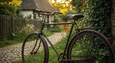 Fototapeta premium Biking through a tranquil rustic garden in the golden hour
