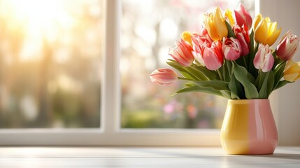 This stunning image features a delicate bouquet of tulips in a soft pastel vase, evoking feelings of serenity and elegance, perfect for home decor and nature lovers alike.