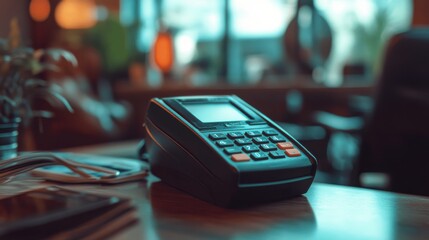 Modern Payment Terminal on a Wooden Table in a Cozy Cafe Setting