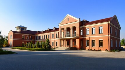 Fototapeta premium A spacious high school with a red brick facade, decorative trims, and a multi-level design, emphasizing a classic and durable architectural style. 