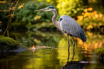 Fototapeta premium A heron standing still in a tranquil pond