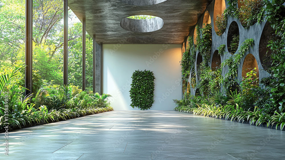 Poster serene indoor space featuring modern design with large windows allowing natural light to flood in. w