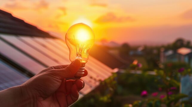 hand holding glowing light bulb with a house green power plant of solar panels on roof at sunset background.  