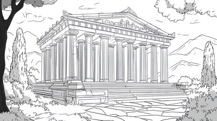 Ancient Greek temple sketch, tranquil landscape, illustration, art, possible educational use