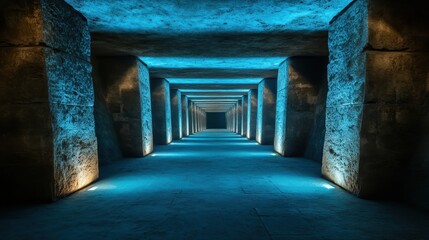 Obraz premium An illuminated underground passage with ancient stone columns and vibrant blue light evokes mystery and exploration, inviting curiosity about hidden historical secrets.