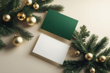 Festive holiday scene with a card and gold ornaments around a miniature tree.