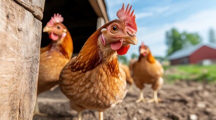 Fototapeta premium This vibrant image features chickens exploring a sunny farmyard, highlighting their lively personalities and the tranquil beauty of rural life during a bright day.