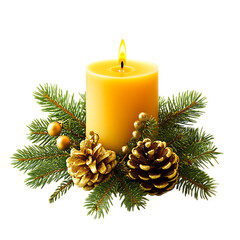 A warm, flickering candle surrounded by a festive wreath of pine, gold pinecones, and berries, creating a cozy and inviting Christmas scene.