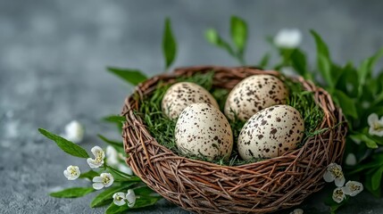 Obraz premium Rustic brown speckled eggs resting in woven twig nest placed on white textured cloth with soft shadows symbolizing simplicity nature balance and traditional organic design