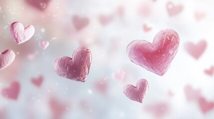 Fototapeta premium Soft pink hearts drifting down over a white canvas, evoking a loving and serene Valentine Day atmosphere.