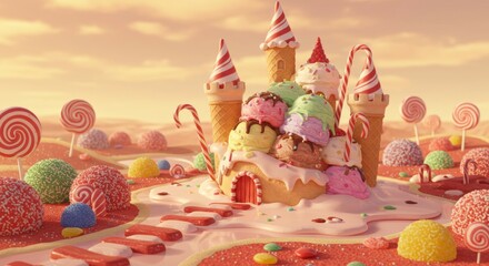 Whimsical Ice Cream Castle in a Candy Land Landscape Sweet Dreamscape Illustration
