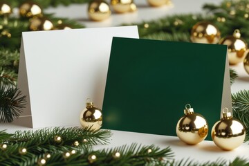 Festive holiday scene with a card and gold ornaments around a miniature tree.