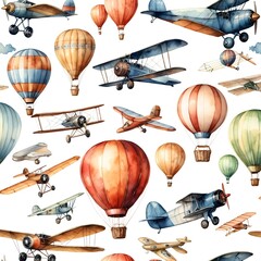 Vintage Airplanes and Hot Air Balloons Watercolor Seamless Pattern
