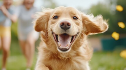 A beautiful golden retriever bounds joyfully through a sunny yard, embodying happiness and excitement, with blurred children playing in the background, capturing the essence of carefree childhood.