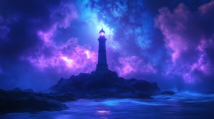A stunning lighthouse standing tall on a rocky island in the middle of the ocean at night, emitting a soft glow