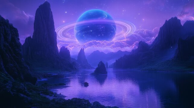 Majestic Fantasy Landscape with Glowing Blue Planet and Celestial Rings at Night