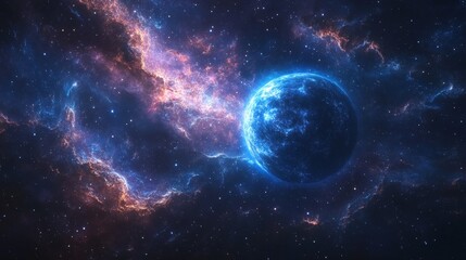 Vibrant Cosmic Scene with Swirling Deep Space Nebula and Distant Planet
