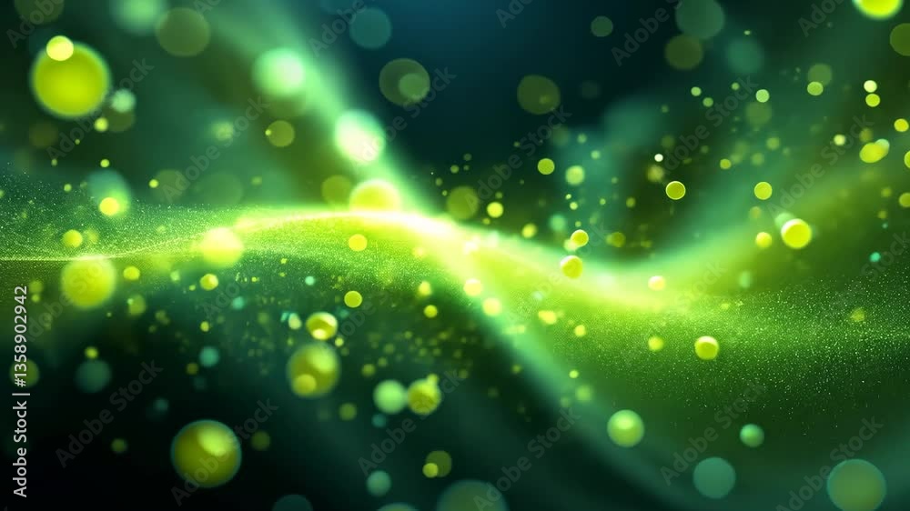 Wall mural luminous green particles flowing in abstract digital art with bokeh effect and dark background