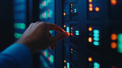 hand interacts with glowing server panel in data center