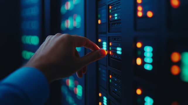 hand interacts with glowing server panel in data center - Powered by Adobe