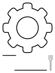 Bold gear shape illustrates work, engineering, or process mechanisms. Fork adds a touch of dining, blending ideas of industry, progress, and nourishment. Ideal for productivity, innovation synergy