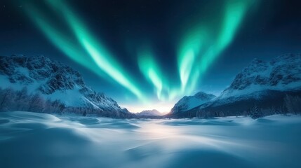 Naklejka premium A captivating capture of the Northern Lights illuminating a tranquil snowy valley, showcasing nature's extraordinary beauty and celestial wonder in a serene landscape.