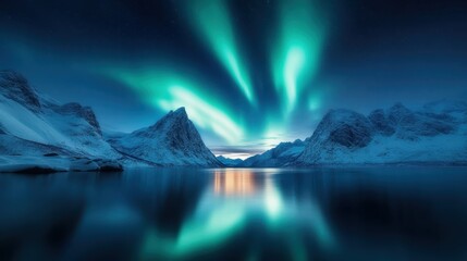 Naklejka premium Stunning display of the Aurora Borealis reflected in calm Arctic waters, surrounded by majestic mountains, evoking a sense of peace and awe in nature's beauty at night.
