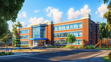 Obraz premium A suburban-style American school exterior featuring a rectangular design, vibrant blue accents around windows, and a playground visible in the background. 