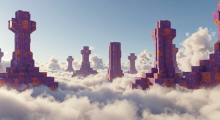 Surreal Purple and Gold Towers Emerging from Clouds Fantasy Architecture Digital Art 3D Render