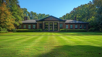 A suburban-style school building with tan brick walls, a wide double-door entrance, and large rectangular windows, surrounded by a neatly trimmed lawn.  