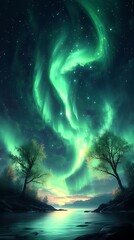 Northern Lights Over Silhouetted Trees and Reflective Water

