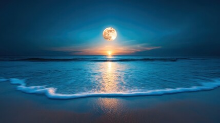 This stunning image features a bright full moon casting a beautiful reflection on the ocean, surrounded by gentle waves, creating a mystical and peaceful atmosphere.