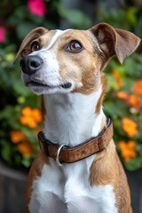 A happy dog with brown and white fur looks upward
