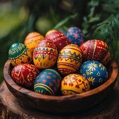 Fototapeta premium Traditional styled brown wooden basket filled with brightly painted colorful easter eggs resting on natural moss with rustic spring atmosphere background
