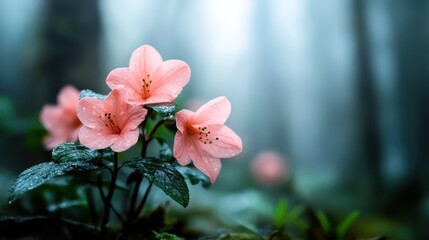 The scene features elegant pink lilies adorned with drops of dew, set within a misty forest, highlighting nature's exquisite details and serene beauty.
