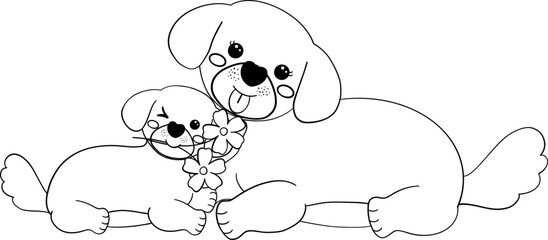 Mother's Day dog mom and Puppy holding a flower cartoon illustration in coloring page