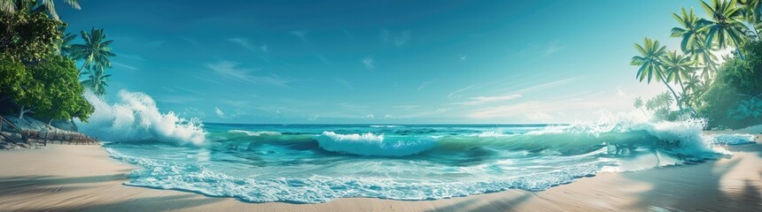 Obraz premium panoramic view of beach with waves and palm trees