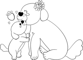 Mother's Day Puppy kisses mother's cheek coloring page Illustration in Cute Cartoon Flat Design